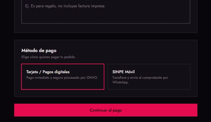 Selección de método de pago en el checkout.