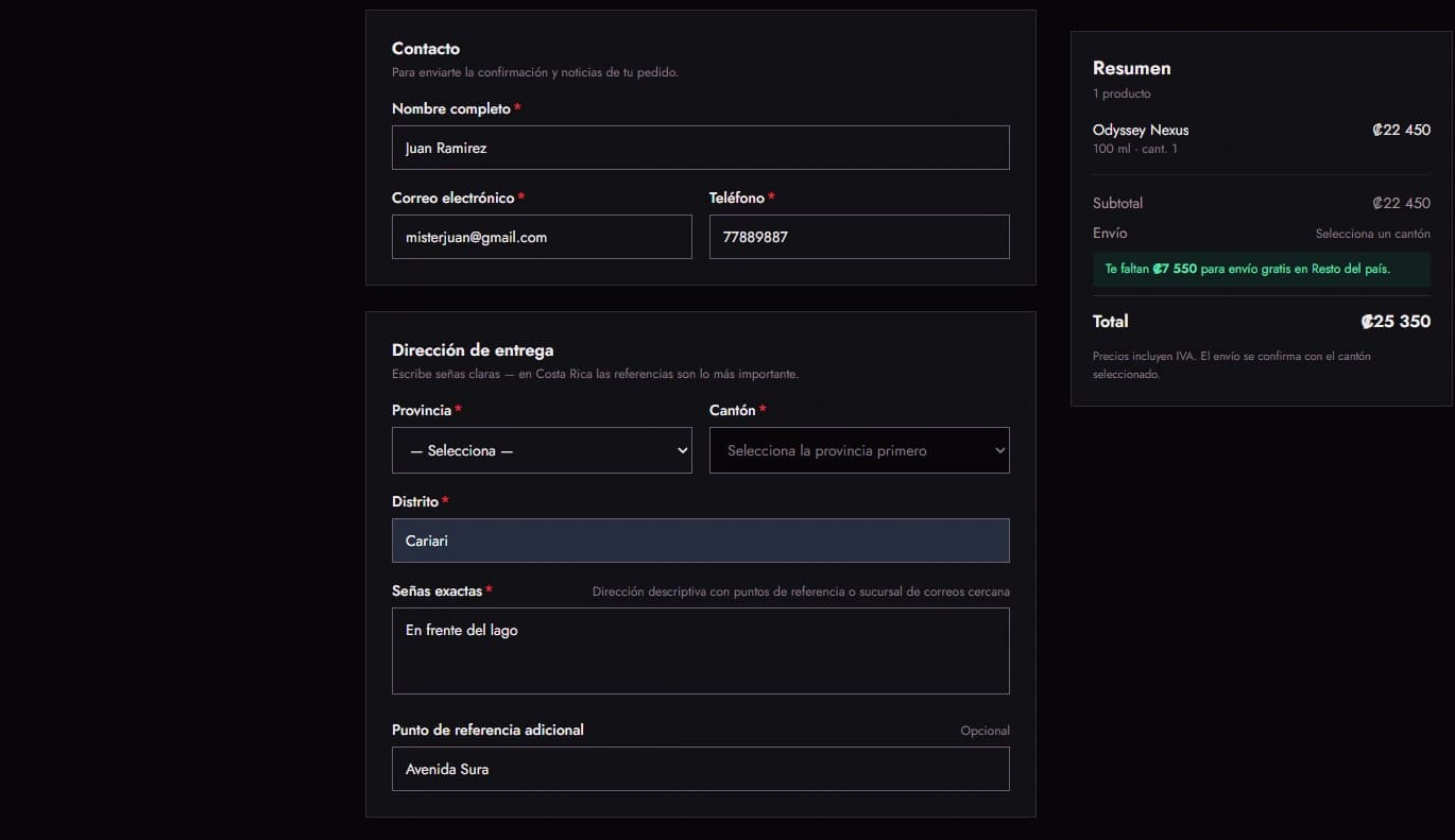 Formulario de checkout con los datos de envío.
